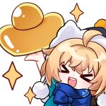  &gt;_&lt; 1girl ahoge animal_ear_headwear animal_ears arm_up blonde_hair blue_scarf cat_ears honkai:_star_rail honkai_(series) lynx_landau open_mouth pom_pom_(clothes) scarf short_hair sidelocks simple_background smile solo white_background xu_baobao_jintian_tian_kengle_ma 