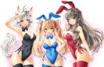  3girls animal_ears black_bow black_bowtie black_hair black_leotard black_thighhighs blonde_hair blue_bow blue_bowtie blue_leotard blue_thighhighs bow bowtie braid breasts brown_eyes cat_ears cat_tail cleavage commentary_request covered_navel cowboy_shot detached_collar french_braid hair_ribbon highres kamiya_tomoe kittysuit large_breasts leotard long_hair multiple_girls nontraditional_playboy_bunny orange_eyes original playboy_bunny rabbit_ears rabbit_tail red_bow red_bowtie red_leotard red_thighhighs ribbon salute smile strapless strapless_leotard tail thighhighs twintails white_hair wrist_cuffs 