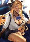  1girl blonde_hair body_markings breasts cleavage dark-skinned_female dark_skin dragon_girl dragon_horns dragon_tail facial_mark fate/grand_order fate_(series) highres horns jikihatiman large_breasts long_hair looking_at_viewer open_mouth sharp_teeth skirt smile solo tail teeth vritra_(fate) yellow_eyes 