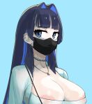  1girl areola_slip bag black_hair black_mask blue_background blue_hair blunt_bangs breasts chain_necklace colored_inner_hair dongtan_dress dress ear_piercing hair_intakes handbag highres hololive hololive_english jacket jewelry large_breasts long_hair long_sleeves looking_at_viewer mask mdthetest meme_attire mouth_mask multicolored_hair necklace no_bra ouro_kronii piercing see-through simple_background skindentation solo upper_body virtual_youtuber white_dress white_jacket 