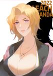  1girl absurdres black_kimono bleach blonde_hair blue_eyes breasts cleavage highres japanese_clothes jewelry kimono large_breasts low_neckline matsumoto_rangiku medium_hair mole mole_under_mouth necklace pink_lips portrait simple_background solo white_background zm-panda- 