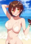  1girl arm_behind_head beach bikini black_gloves blue_sky blurry blurry_background breasts brown_hair cloud covered_nipples day gloves hair_between_eyes highres hololive kazuma_(kazumav) large_breasts looking_at_viewer navel ocean open_mouth outdoors roboco-san short_hair sky solo swimsuit virtual_youtuber wet white_bikini yellow_eyes 