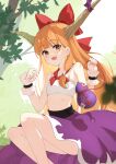  1girl blunt_bangs blush bow bowtie brown_horns commentary_request fang feet_out_of_frame fingernails flat_chest gourd hair_bow highres horn_bow horn_ornament horns ibuki_suika long_hair looking_at_viewer medium_bangs midriff navel oeyama open_mouth orange_eyes orange_hair pink_nails purple_bow purple_skirt red_bow red_bowtie single_sidelock skirt smile solo tank_top touhou tree very_long_hair white_tank_top wrist_cuffs 