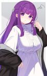  1girl :t aomi_wool black_coat blush breasts coat commentary_request fern_(sousou_no_frieren) grey_background large_breasts long_hair long_sleeves looking_at_viewer pout purple_eyes purple_hair shirt skirt solo sousou_no_frieren white_shirt white_skirt 