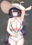  absurdres arm_up black_hair blue_archive braid breasts center_opening cross cross_earrings earrings flower halo halterneck hand_on_headwear hat hat_flower hat_ribbon highres hinata_(blue_archive) hinata_(swimsuit)_(blue_archive) jewelry large_breasts moecchi one-piece_swimsuit red_eyes ribbon single_braid sun_hat swimsuit three_quarter_view 