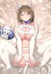  1girl animal_ears areola_slip bed_sheet blush bow_choker bra breasts breasts_squeezed_together bridal_gauntlets brown_hair cameltoe cat cat_cutout cat_ear_panties cat_ears cat_girl cat_lingerie cat_tail censored choker cleavage cleavage_cutout closed_mouth clothing_cutout earrings elbow_gloves fake_animal_ears fake_tail fingerless_gloves frilled_bra frills garter_belt garter_straps gloves heart heart_censor highres huge_breasts jewelry kohsaka_jun lingerie looking_at_viewer lying meme_attire navel nekoyashiki_sumire nekoyashiki_yuki nekoyashiki_yuki_(cat) nose_blush on_back on_bed panties pink_lips precure purple_eyes short_hair smile solo sparkle spread_legs tail thighhighs underboob underwear underwear_only white_bra white_gloves white_panties white_thighhighs wonderful_precure! 