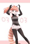  1girl absurdres animal_ears brown_eyes brown_hair elbow_gloves extra_ears gloves highres kemono_friends kuromitsu_(9633_kmfr) long_hair looking_at_viewer pantyhose ponytail red_panda_(kemono_friends) red_panda_ears red_panda_girl red_panda_tail shorts simple_background sleeveless solo sweater tail 