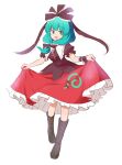  1girl aqua_hair arm_ribbon boots bow frilled_ribbon frills front_ponytail full_body green_eyes hair_bow hair_ribbon highres kagiyama_hina lifted_by_self looking_at_viewer mizusoba open_mouth puffy_short_sleeves puffy_sleeves red_bow red_ribbon ribbon short_sleeves simple_background smile solo touhou white_background 