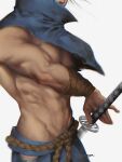  1boy bara cowboy_shot fighting_stance groin head_out_of_frame highres holding holding_sword holding_weapon league_of_legends muscular muscular_male navel noomppan pectoral_cleavage pectorals ready_to_draw shredded_muscles solo sparse_navel_hair sword triceps veiny_crotch weapon yasuo_(league_of_legends) 