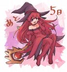  1girl black_choker boots choker cierra_(riviera) countdown dress elbow_gloves full_body gem gloves hashino_ami hat holding holding_staff long_hair mage_staff open_mouth purple_eyes red_dress red_footwear red_gemstone red_hair riviera smile solo staff thigh_boots witch witch_hat wooden_staff 