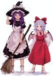  2girls apron ascot bat_wings black_dress blue_hair blush bow braid broom collared_shirt commentary cosplay detached_sleeves dress embodiment_of_scarlet_devil english_commentary frilled_dress frilled_headwear frills full_body hair_bow hair_tubes hakurei_reimu hakurei_reimu_(cosplay) hand_on_own_hip hat height_difference highres himuhino holding holding_broom kirisame_marisa kirisame_marisa_(cosplay) long_hair looking_at_viewer medium_hair multiple_girls nose_blush patchouli_knowledge purple_eyes purple_hair red_ascot red_eyes red_skirt remilia_scarlet shirt short_sleeves side_braid simple_background single_braid skirt smile socks strap_slip touhou white_apron white_background white_bow white_sleeves white_socks wings witch_hat 