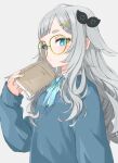  1girl alternate_costume and_uge bespectacled blue_bow blue_bowtie blue_cardigan blue_eyes blunt_bangs blush book bow bowtie breasts cardigan circle_facial_mark closed_mouth collared_shirt commentary_request glasses grey_background grey_hair hair_ornament hairclip holding holding_book long_hair looking_at_viewer looking_to_the_side medium_bangs nanashi_inc. o3o rokkaku_game shirt sidelocks simple_background small_breasts solo upper_body virtual_youtuber white_shirt winding_key yellow-framed_eyewear 