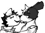 anthro black_and_white canid canine clothed clothing digital_media_(artwork) duo eyes_closed french_kissing kissing low_res male male/male mammal monochrome noses_touching presto_agitato shirtless sketch tongue tongue_out