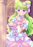  1girl :o bare_shoulders blush bow bow-shaped_hair chii_(chi_pppuri) colored_eyelashes column commentary_request cowboy_shot dress falulu frilled_dress frills green_hair hand_up headphones highres long_hair looking_at_viewer open_mouth pillar pink_bow pink_dress pretty_series pripara purple_eyes sidelocks signature solo standing very_long_hair window 