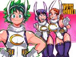  1boy 2girls animal_ears arm_around_shoulder bare_shoulders boku_no_hero_academia breasts brown_eyes chinese_zodiac cosplay covered_navel crescent english_text fake_animal_ears fake_tail freckles fur_collar gloves green_eyes green_hair hand_up hands_on_own_hips highleg highleg_leotard highres jirou_kyouka large_breasts leotard looking_at_another looking_at_viewer midoriya_izuku mirko mirko_(cosplay) multiple_girls orange_hair pac-man_eyes purple_eyes purple_hair rabbit_ears rabbit_tail sidelocks sleeveless smile sonchapo superhero_costume tail thighhighs uraraka_ochako white_gloves year_of_the_rabbit 