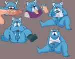 2024 anthro balls blue_body canid canine canis clothing denki404 domestic_dog dragon_ball erection eyewear facial_hair genitals glasses hi_res humanoid_hands king_furry male male/male mammal mustache one_eye_closed oral penis shirt simple_background sitting slightly_chubby solo topwear