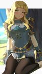  1girl armor black_pantyhose blonde_hair breasts clair_(fire_emblem) commission dress fire_emblem fire_emblem_echoes:_shadows_of_valentia long_hair medium_breasts open_mouth pantyhose pearlbbbb ponytail shoulder_armor simple_background solo sunlight weapon yellow_eyes 
