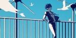  1boy against_railing bird black_jacket black_pants blue_eyes blue_hair blue_sky clear_sky collared_shirt day earbuds earphones feet_out_of_frame hair_between_eyes highres jacket leaning_back limited_palette looking_up male_focus open_clothes open_jacket outdoors pants parted_lips persona persona_3 railing school_uniform shirt short_hair sidelocks sky solo twfm white_shirt wind_turbine yuuki_makoto_(persona_3) 