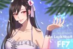  1girl artist_name bare_shoulders bikini black_hair blurry blurry_background breasts character_name cleavage collarbone final_fantasy final_fantasy_vii final_fantasy_vii_rebirth final_fantasy_vii_remake flower frilled_bikini frills hair_between_eyes hair_flower hair_ornament headset highres idol large_breasts looking_at_viewer official_alternate_costume parted_lips red_eyes smile snowspringcraft solo swimsuit tifa_lockhart upper_body white_bikini wristband 