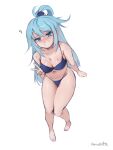  1girl ? absurdres aqua_(konosuba) arm_support artist_name bikini blue_bikini blue_eyes blue_hair bow breasts hair_between_eyes hair_ornament highres kono_subarashii_sekai_ni_shukufuku_wo! light_blush long_hair medium_breasts simple_background single_hair_ring smile solo sweat swimsuit thighs v vanabette white_background 