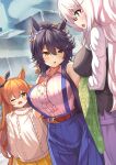  3girls belt biwa_hayahide_(umamusume) black_bow blue_eyes bow breasts brown_belt center_frills commentary_request dress ear_bow ear_ornament frilled_dress frills grey_hair hand_on_own_chest highres holding_sweater large_breasts long_hair long_sleeves looking_at_viewer mayano_top_gun_(umamusume) multiple_girls narita_brian_(umamusume) one_eye_closed open_mouth orange_eyes outdoors plaid plaid_skirt red-framed_eyewear shimakaze_(kancolle) shirt skirt smile textless_version umamusume white_shirt yellow_eyes yellow_skirt yuutopia 