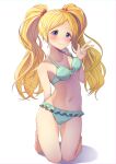  1girl absurdres arm_behind_back bare_shoulders barefoot bikini blonde_hair blush closed_mouth collarbone emily_stewart front-tie_bikini_top front-tie_top green_bikini hair_bobbles hair_ornament hand_up highres idolmaster idolmaster_million_live! idolmaster_million_live!_theater_days kneeling kuro_kinkan long_hair looking_at_viewer navel purple_eyes shy simple_background smile solo swimsuit twintails w white_background 