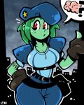 1girl ? alternate_hairstyle beret brain breasts colored_skin cosplay green_hair green_skin hand_on_own_hip hat jill_valentine jill_valentine_(cosplay) legendofnerd police police_uniform red_eyes resident_evil rottytops shantae_(series) solo speech_bubble uniform wide_hips 