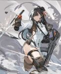  1girl armor assault_rifle black_hair breasts china_dress chinese_clothes chinese_commentary commentary_request cowboy_shot dress earpiece girls&#039;_frontline girls&#039;_frontline_2:_exilium gun hair_ornament highres holding holding_gun holding_sword holding_weapon id_card long_hair looking_to_the_side mai_(xskdizzy) medium_breasts parted_lips pauldrons qbz-191 qbz-191_(girls&#039;_frontline) red_eyes rifle short_dress shoulder_armor single_pauldron smile solo sword thigh_strap thighhighs weapon white_dress 
