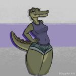 1:1 2023 absurd_res alligator alligatorid anthro bottomwear breasts cayugo clothed clothing crocodilian digital_media_(artwork) eyelashes female green_body hands_on_hips hi_res looking_at_viewer navel_outline purple_clothing reptile scales scalie sharp_teeth shirt shorts simple_background solo tail tank_top teeth topwear yellow_eyes