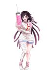  1girl :d apron bandaged_leg bandages bandaid bandaid_on_knee bandaid_on_leg black_hair blush breasts danganronpa_(series) danganronpa_2:_goodbye_despair full_body highres holding holding_syringe large_breasts long_hair mole mole_under_eye mozuku_(iiiiiiimomo) oversized_object pink_shirt puffy_short_sleeves puffy_sleeves shirt shoes short_sleeves simple_background smile solo sweat syringe teeth tsumiki_mikan upper_teeth_only white_apron white_background 