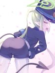  1girl absurdres ass ass_focus bent_over blue_archive blue_hat blush demon_girl demon_tail from_behind gloves hat highres jacket leaning_forward long_hair long_sleeves mesugaki negitail31 open_mouth pantyhose pointy_ears shirt shorts simple_background solo tail white_background yellow_eyes 