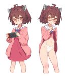  1girl ahoge bespectacled brown_hair buttons cardigan closed_mouth clothes_lift cropped_legs dress dress_lift feet_out_of_frame glasses hair_between_eyes handheld_game_console headgear highres holding holding_handheld_game_console lifted_by_self long_sleeves looking_at_viewer multiple_views nintendo_switch open_cardigan open_clothes orange_eyes panties pink_cardigan red-framed_eyewear red_dress sailor_collar sailor_dress short_hair simple_background touhoku_kiritan underwear voiceroid white_background white_panties white_sailor_collar yamamomo_(plank) 