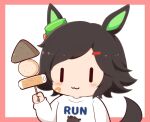  1girl :3 animal_ears black_hair blush_stickers border chibi closed_mouth clothes_writing english_text food gomashio_(goma_feet) hair_ornament hairclip hand_up holding holding_food horse_ears horse_girl horse_print horse_tail long_sleeves oden pink_border print_shirt puffy_long_sleeves puffy_sleeves shirt sleeves_past_wrists solo swept_bangs tail umamusume upper_body white_background white_shirt winning_ticket_(umamusume) |_| 