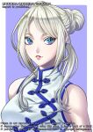  1girl blonde_hair blue_eyes breasts china_dress chinese_clothes commentary_request double_bun dress english_text eyebrows_hidden_by_hair hair_bun highres large_breasts low_twintails mito_amatsu original parted_lips portrait sidelocks solo twintails watermark 