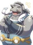 2024 3:4 anthro belly big_belly blush bodily_fluids canid canine canis domestic_dog emufu facial_hair grey_body hi_res kemono male mammal mature_male mustache one_eye_closed overweight overweight_male simple_background solo sweat towel white_background wink