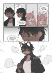 anthro black_hair brown_body brown_fur canid canine clothed clothing collar comic dialogue digital_media_(artwork) duo ear_piercing english_text female fox fur fur_(theterm) green_eyes hair hi_res human jacket kemono long_hair mammal night_(theterm) open_mouth piercing pink_body pink_fur pink_hair shirt simple_background speech_bubble teeth text theterm topwear transformation white_body white_fur yellow_eyes