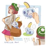  &gt;_o ... 1girl blue_eyes brown_bag brown_hair clenched_hand crying fon-due_(fonfon) gloria_(pokemon) green_hat grey_jacket jacket looking_back one_eye_closed pink_skirt poke_ball poke_ball_(basic) pokemon pokemon_(creature) pokemon_swsh short_hair skirt sobble speech_bubble spoken_ellipsis tears translation_request wiping_tears 