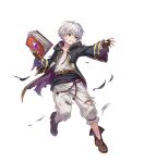  1boy aged_down attack black_coat book brown_gloves brown_hair clenched_teeth coat damaged fingerless_gloves fire_emblem fire_emblem_awakening fire_emblem_heroes gloves highres holding holding_book non-web_source open_book open_mouth robin_(fire_emblem) robin_(male)_(child)_(fire_emblem) robin_(male)_(fire_emblem) solo tagme teeth torn_clothes torn_coat v-shaped_eyebrows white_hair 