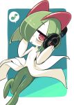  bags_under_eyes colored_skin green_hair hair_over_one_eye headphones highres horns ino_(tellu0120) kirlia looking_at_viewer multicolored_skin musical_note parted_lips pink_eyes pokemon pokemon_(creature) sidelocks simple_background square two-tone_skin white_skin 
