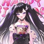  1girl absurdres artist_request birthday_cake black_choker black_dress black_hair blush bow breasts cake candle choker cleavage collarbone confetti cross-laced_clothes cross-laced_dress dress eyelashes feather_boa food happy_birthday highres large_breasts long_hair moon_momo multicolored_hair open_mouth purple_bow purple_eyes purple_hair purple_ribbon ribbon second-party_source sleeves_past_wrists streaked_hair twintails virtual_youtuber vlyz wing_hair_ornament 
