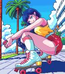  1girl blue_eyes blue_hair blue_sky closed_mouth cloud coconut_tree commentary day highres holding long_hair looking_at_viewer looking_to_the_side making-of_available original outdoors palm_tree pixel_art red_shorts roller_skates shadow shirt shirt_tucked_in shorts skates sky sleeveless sleeveless_shirt socks solo squatting thighs tree umbrella_mica white_socks yellow_shirt 