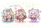  &gt;_&lt; 3girls :3 animal_ear_fluff animal_ears black_coat black_jacket blonde_hair blue_hair blue_hairband blush blush_stickers breasts candy cat_girl cat_tail chibi claws closed_eyes coat collar commentary cropped_jacket dog_ears dog_girl fang food fur_trim fuwawa_abyssgard fuwawa_abyssgard_(1st_costume) hair_ornament hairband hairclip headphones headphones_around_neck hololive hololive_english horns jacket long_hair long_sleeves mitarashi_neko mococo_abyssgard mococo_abyssgard_(1st_costume) multicolored_hair multiple_girls nekomata_okayu nekomata_okayu_(1st_costume) open_mouth outstretched_arms pink_hair pink_hairband purple_hairband short_hair siblings sisters spiked_hairband spikes spread_arms streaked_hair tail trait_connection twins virtual_youtuber 