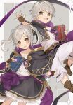  1girl aged_down book brown_eyes cape child fire_emblem fire_emblem_awakening floating gloves haru_(nakajou-28) highres holding holding_book hood long_hair looking_at_viewer official_alternate_costume open_mouth robin_(female)_(fire_emblem) robin_(fire_emblem) robin_(male)_(fire_emblem) simple_background smile twintails white_hair 