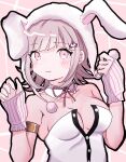  1girl animal_ears bare_shoulders breasts cleavage danganronpa_(series) danganronpa_2:_goodbye_despair detached_collar fake_animal_ears flipped_hair galaga hair_ornament ikemen&#039;na_ore-shi leotard looking_at_viewer medium_hair nanami_chiaki neck_ribbon official_alternate_costume pink_ribbon playboy_bunny rabbit_ears ribbon solo strapless strapless_leotard 