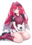  1girl ball baobhan_sith_(fate) blush breasts cleats fate/grand_order fate_(series) full_body grey_eyes hair_ornament highres holding holding_ball hoshino_reiji long_hair looking_at_viewer pink_hair pointy_ears red_footwear red_shirt red_socks shirt shorts sidelocks sitting soccer_ball soccer_uniform socks solo sportswear white_background white_shorts yokozuwari 