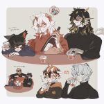  1girl 4boys aak_(arknights) animal_ear_piercing arknights bear_boy black_hair black_nails black_shirt blush booth_seating bottle cat_boy chinese_clothes closed_eyes cup dog_boy dragon_boy drunk furry furry_female furry_male grey_hair hair_between_eyes hair_over_one_eye highres holding holding_cup horns hung_(arknights) jaye_(arknights) lee_(arknights) long_sleeves multiple_boys red_horns red_shirt round_eyewear shirt single_horn sirakaro smile thought_bubble tiger_girl tinted_eyewear translation_request waai_fu_(arknights) white_hair wine_bottle 