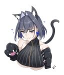  1girl animal_ear_fluff animal_ears animal_hands blue_eyes blue_hair breasts cat_ears cat_paws cat_tail fang hair_intakes heart highres hololive hololive_english large_breasts looking_at_viewer ouro_kronii ouro_kronii_(1st_costume) ribbon_earrings simple_background solo tail underboob virtual_youtuber white_background zenya 