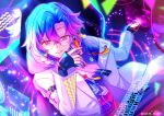  1boy beatmania_iidx black_gloves blue_hair braid coat commentary dr._phi fingerless_gloves glasses gloves grin hair_between_eyes highres holding holding_phone holographic_keyboard lab_coat long_bangs long_hair looking_at_viewer male_focus midori_(sp-khl-t-ya-27) open_clothes open_coat phone pink_eyes purple_shirt rimless_eyewear round_eyewear shirt single_braid smile solo symbol-only_commentary upper_body white_coat 