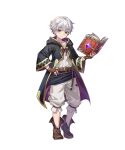  1boy aged_down black_coat book brown_gloves brown_hair coat fingerless_gloves fire_emblem fire_emblem_awakening fire_emblem_heroes gloves highres holding holding_book looking_at_viewer non-web_source open_book robin_(fire_emblem) robin_(male)_(child)_(fire_emblem) robin_(male)_(fire_emblem) smile solo tachi-e tagme white_hair 