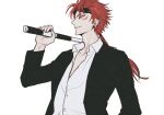  1boy baton_(weapon) black_jacket closed_mouth collared_shirt facial_mark facing_to_the_side final_fantasy final_fantasy_vii goggles goggles_on_head holding_baton_(weapon) hxxnuat jacket low_ponytail male_focus over_shoulder red_hair reno_(ff7) shirt short_hair_with_long_locks smile solo spiked_hair suit_jacket upper_body weapon weapon_over_shoulder white_background white_shirt 